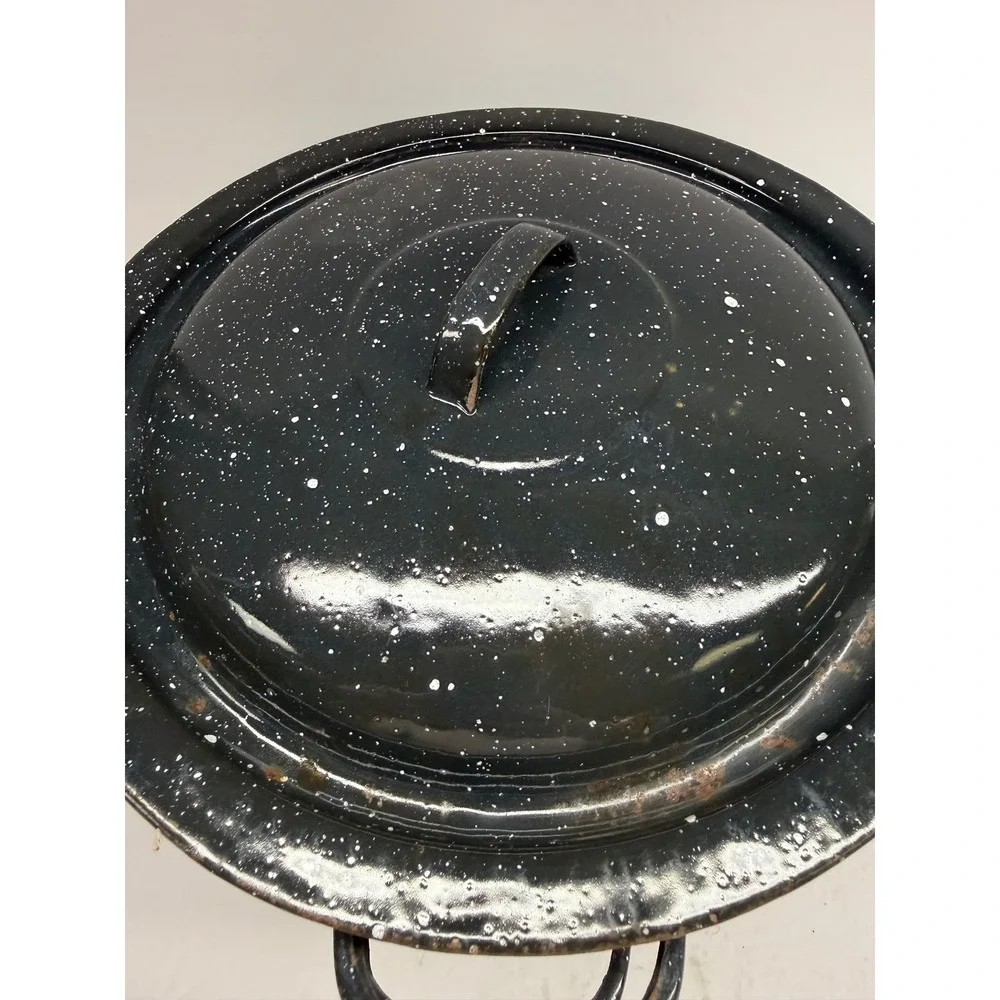 Vintage Granite Ware Steamer Pot Set Black Speckled Enamel Stockpot with Lid